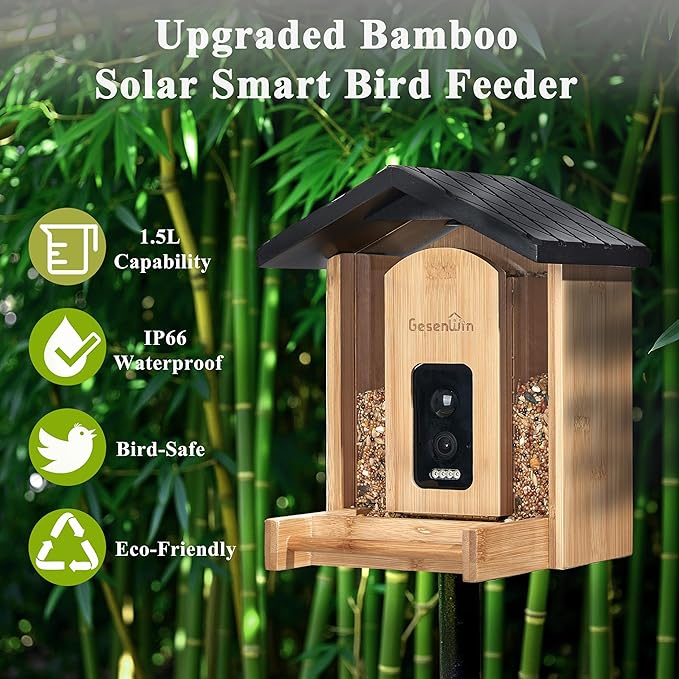 Smart Bird Feeder with Camera for Wild Birds - Identifies 11,000+ Species, Solar Panel Wireless Outdoors Bamboo Birdhouse with Cam, 2K HD Live Video & Instant Alerts - Bird Lover Gifts - Che Cose Belle