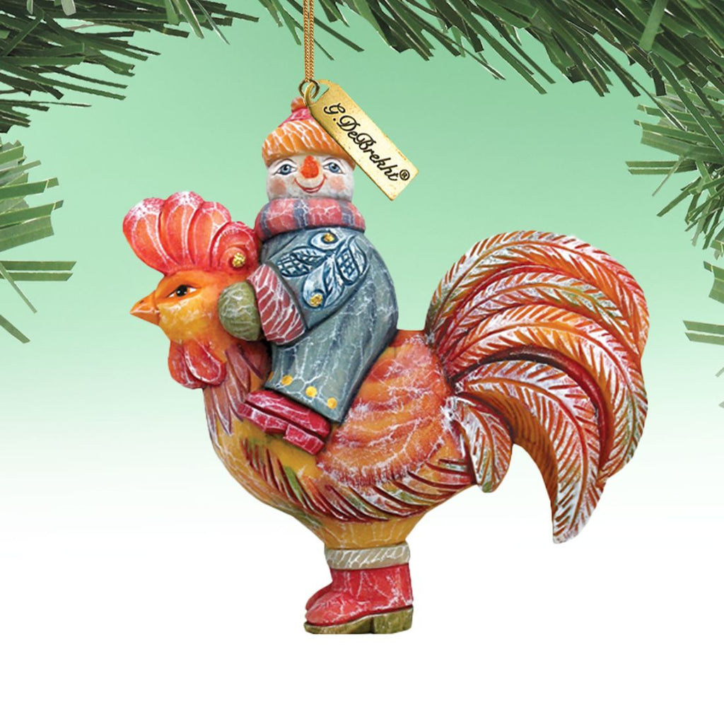 Snowman Riding Rooster Sculpted Hand-Painted Christmas Ornament by G. DeBrekht - Christmas Santa Snowman Decor - 63134 - Che Cose Belle