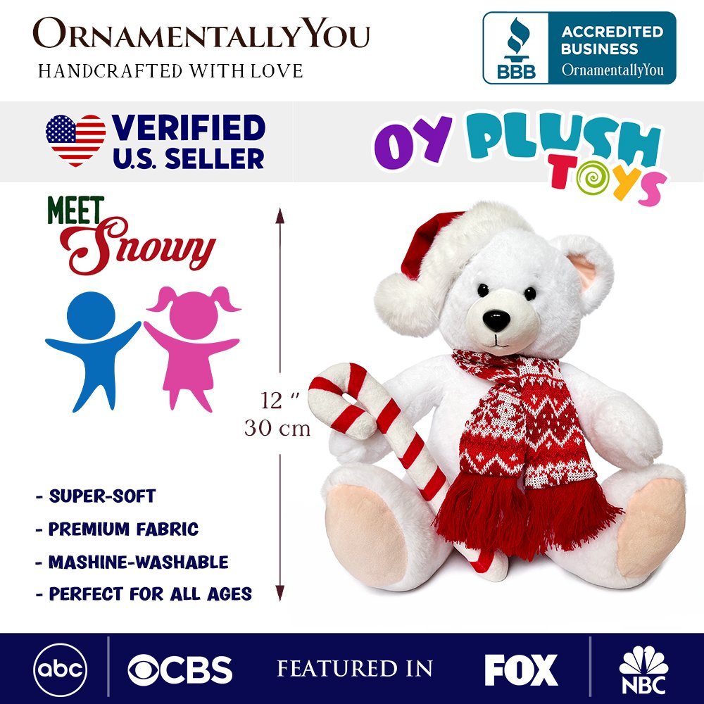 Snowy the Polar Bear Plushie, Cute Kids’ 12" Christmas Stuffed Toy, Santa Hat and Candy Cane - Che Cose Belle