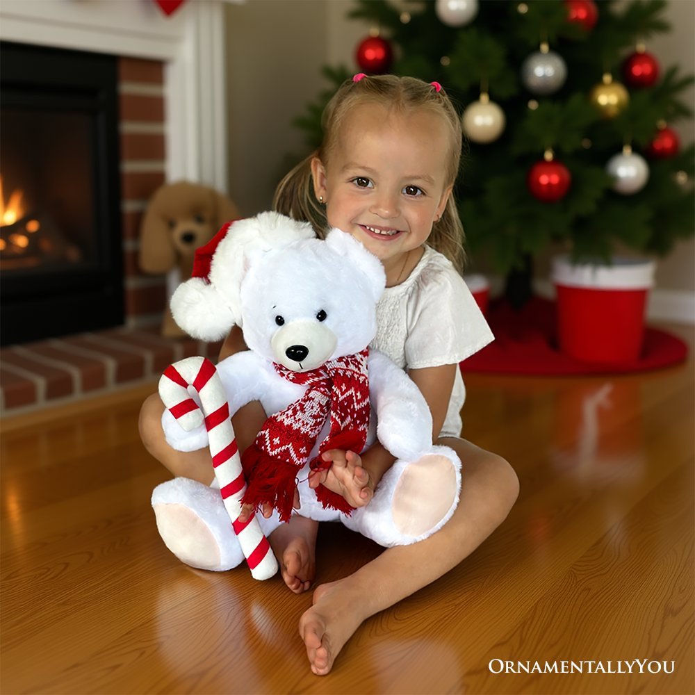 Snowy the Polar Bear Plushie, Cute Kids’ 12" Christmas Stuffed Toy, Santa Hat and Candy Cane - Che Cose Belle