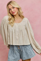 SO ME Linen Blend Woven Long Sleeve With Smocking Top - Che Cose Belle