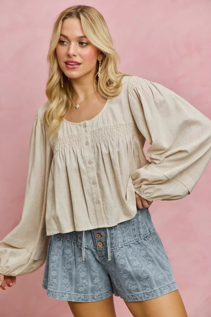 SO ME Linen Blend Woven Long Sleeve With Smocking Top - Che Cose Belle
