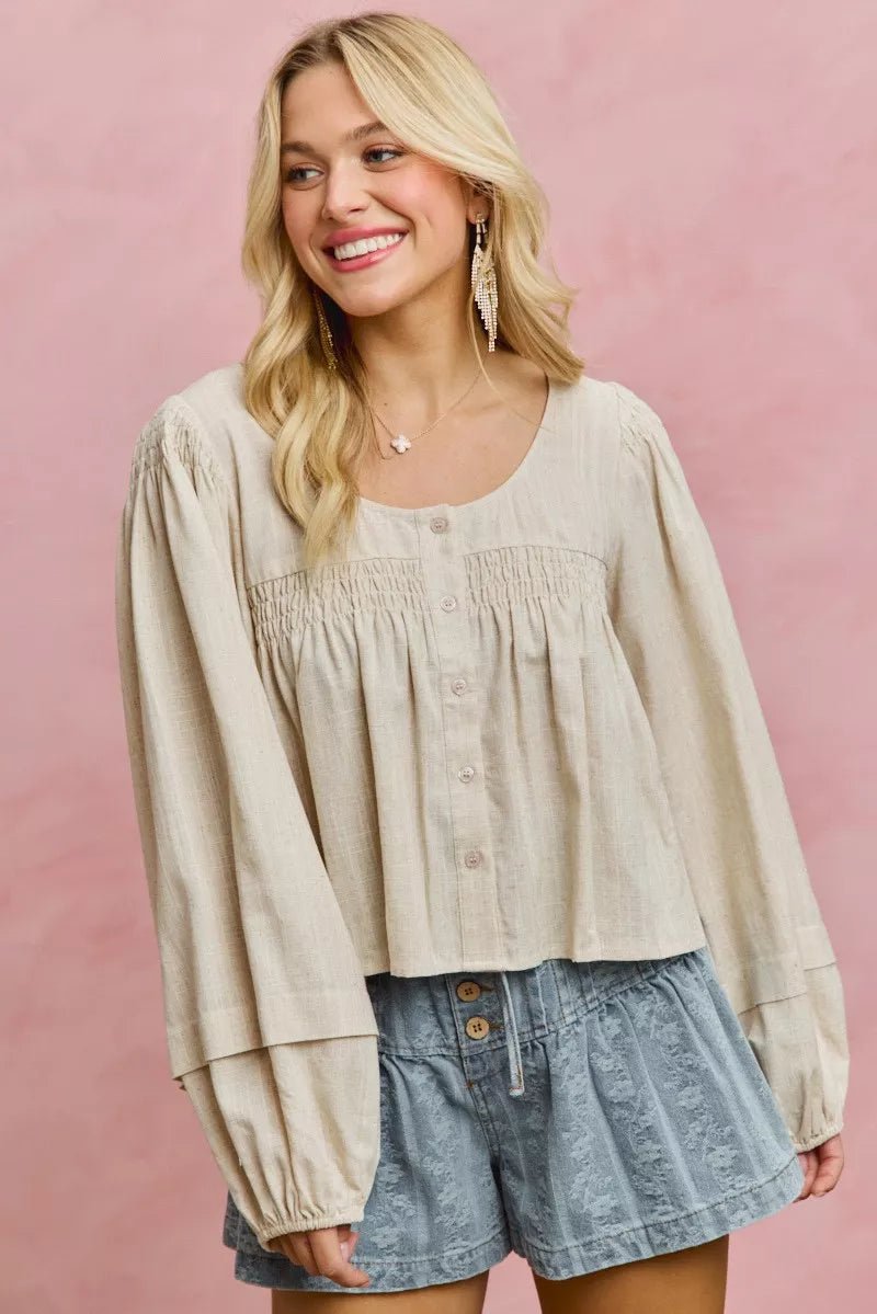 SO ME Linen Blend Woven Long Sleeve With Smocking Top - Che Cose Belle