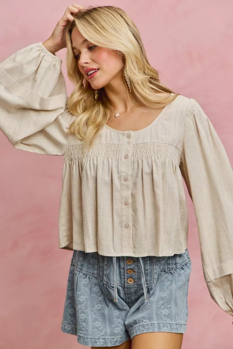 SO ME Linen Blend Woven Long Sleeve With Smocking Top - Che Cose Belle