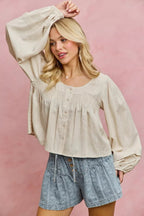 SO ME Linen Blend Woven Long Sleeve With Smocking Top - Che Cose Belle