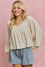 SO ME Linen Blend Woven Long Sleeve With Smocking Top - Che Cose Belle