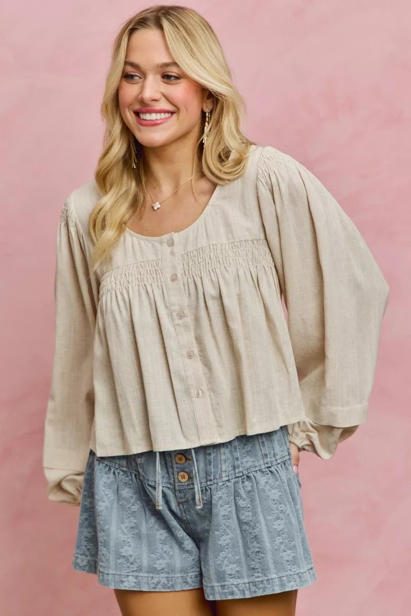 SO ME Linen Blend Woven Long Sleeve With Smocking Top - Che Cose Belle