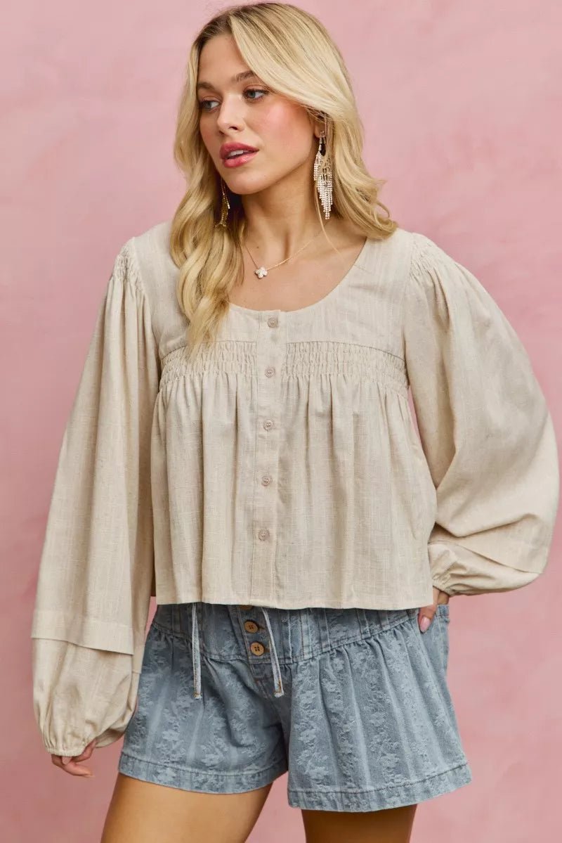 SO ME Linen Blend Woven Long Sleeve With Smocking Top - Che Cose Belle