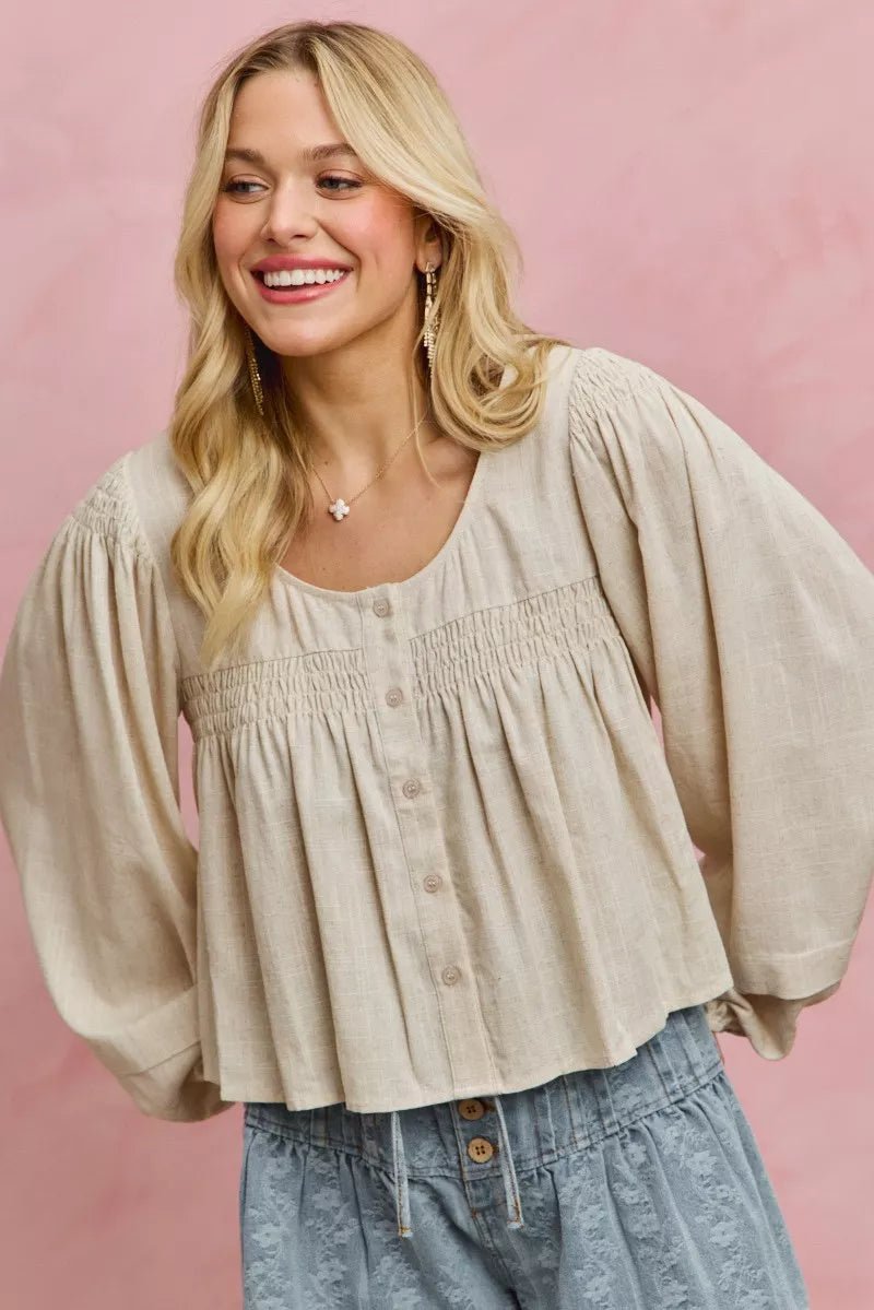 SO ME Linen Blend Woven Long Sleeve With Smocking Top - Che Cose Belle