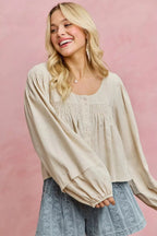 SO ME Linen Blend Woven Long Sleeve With Smocking Top - Che Cose Belle