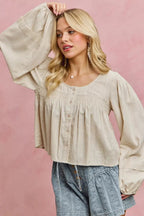SO ME Linen Blend Woven Long Sleeve With Smocking Top - Che Cose Belle