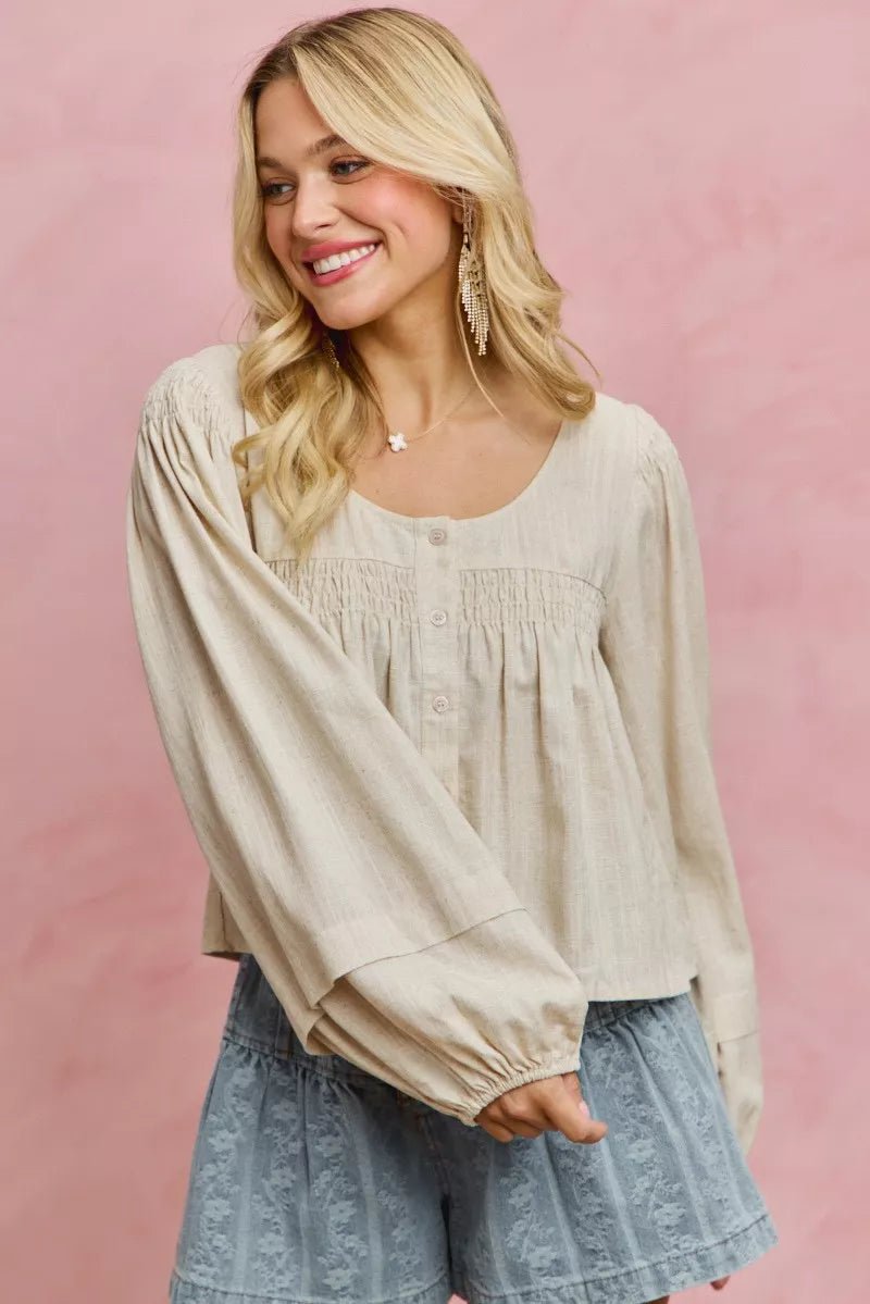 SO ME Linen Blend Woven Long Sleeve With Smocking Top - Che Cose Belle