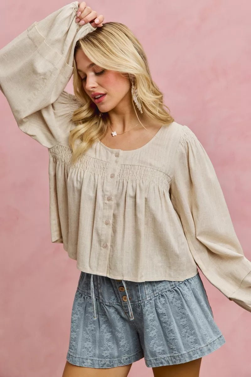 SO ME Linen Blend Woven Long Sleeve With Smocking Top - Che Cose Belle