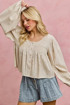 SO ME Linen Blend Woven Long Sleeve With Smocking Top - Che Cose Belle