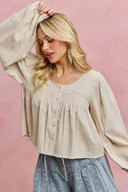 SO ME Linen Blend Woven Long Sleeve With Smocking Top - Che Cose Belle