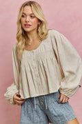 SO ME Linen Blend Woven Long Sleeve With Smocking Top - Che Cose Belle