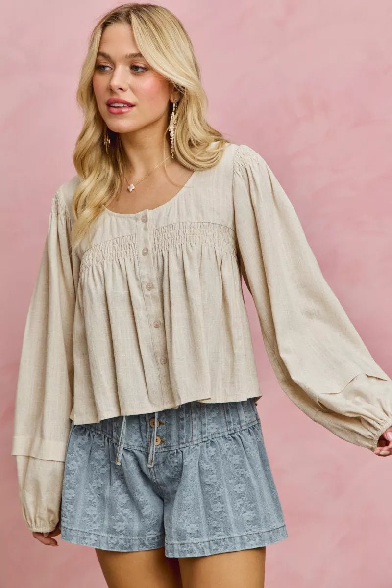 SO ME Linen Blend Woven Long Sleeve With Smocking Top - Che Cose Belle