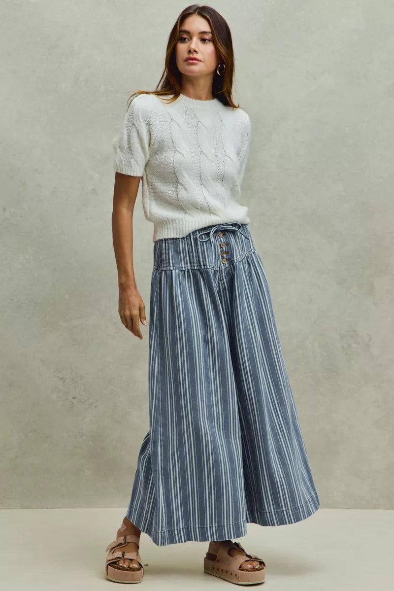 SO ME Mid Rise Stripe Denim Washed Pleat Wide Leg Pants - Che Cose Belle