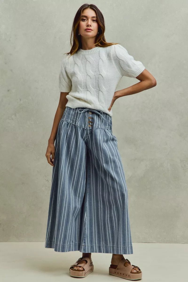 SO ME Mid Rise Stripe Denim Washed Pleat Wide Leg Pants - Che Cose Belle