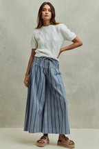 SO ME Mid Rise Stripe Denim Washed Pleat Wide Leg Pants - Che Cose Belle