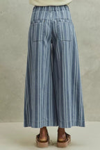 SO ME Mid Rise Stripe Denim Washed Pleat Wide Leg Pants - Che Cose Belle