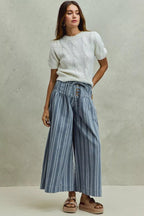 SO ME Mid Rise Stripe Denim Washed Pleat Wide Leg Pants - Che Cose Belle