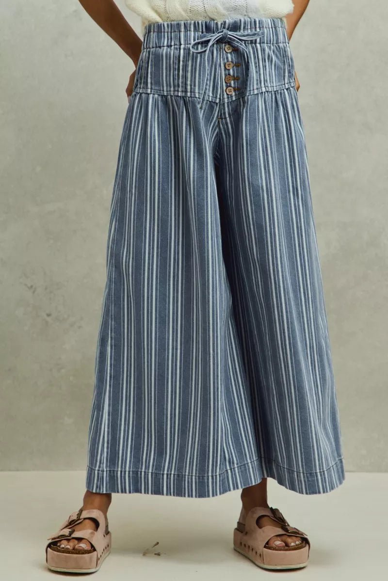 SO ME Mid Rise Stripe Denim Washed Pleat Wide Leg Pants - Che Cose Belle