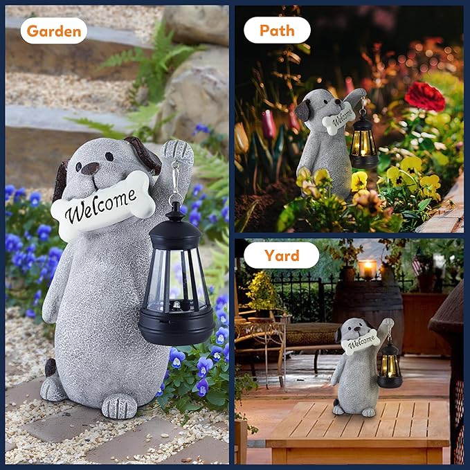 Solar Dog Statues for Garden Decor - Outdoor Dog Figurines with Solar Lantern for Yard Patio Lawn Balcony Ornaments - Garden Gifts for Mothers Day, Grandma, Easter - Che Cose Belle