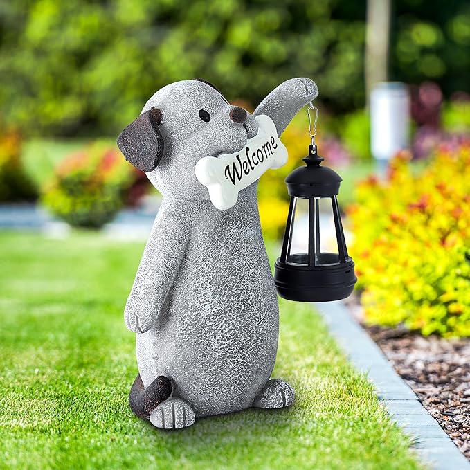 Solar Dog Statues for Garden Decor - Outdoor Dog Figurines with Solar Lantern for Yard Patio Lawn Balcony Ornaments - Garden Gifts for Mothers Day, Grandma, Easter - Che Cose Belle
