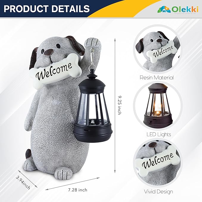 Solar Dog Statues for Garden Decor - Outdoor Dog Figurines with Solar Lantern for Yard Patio Lawn Balcony Ornaments - Garden Gifts for Mothers Day, Grandma, Easter - Che Cose Belle