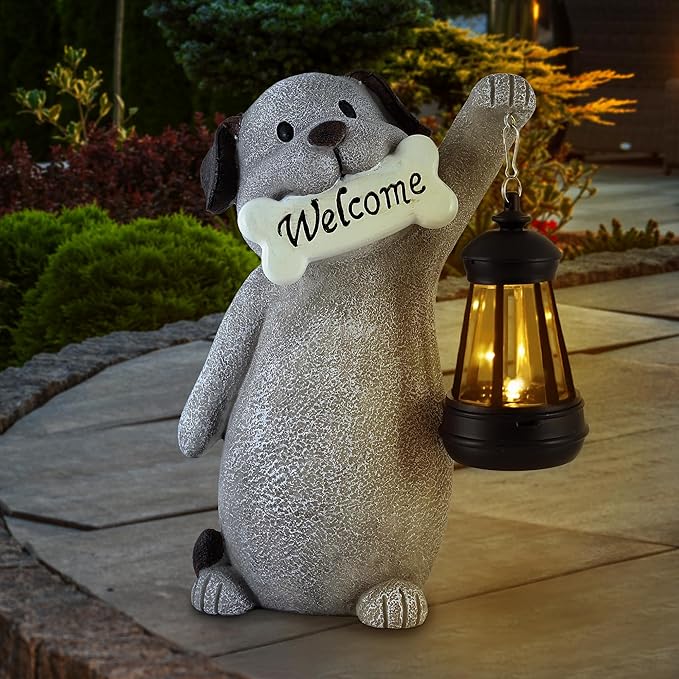 Solar Dog Statues for Garden Decor - Outdoor Dog Figurines with Solar Lantern for Yard Patio Lawn Balcony Ornaments - Garden Gifts for Mothers Day, Grandma, Easter - Che Cose Belle