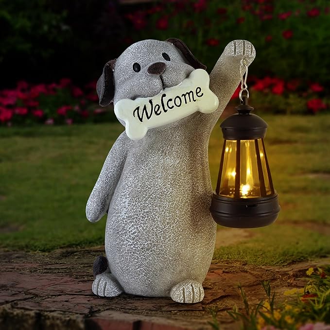 Solar Dog Statues for Garden Decor - Outdoor Dog Figurines with Solar Lantern for Yard Patio Lawn Balcony Ornaments - Garden Gifts for Mothers Day, Grandma, Easter - Che Cose Belle