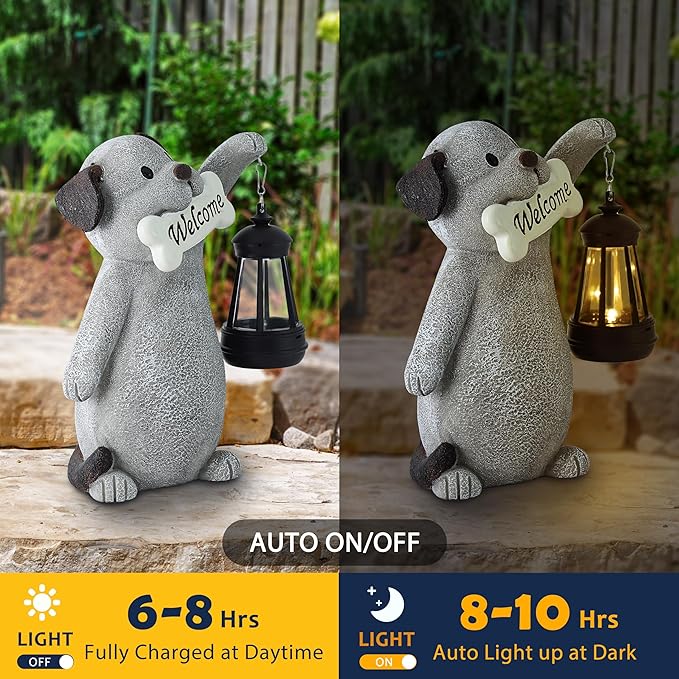 Solar Dog Statues for Garden Decor - Outdoor Dog Figurines with Solar Lantern for Yard Patio Lawn Balcony Ornaments - Garden Gifts for Mothers Day, Grandma, Easter - Che Cose Belle
