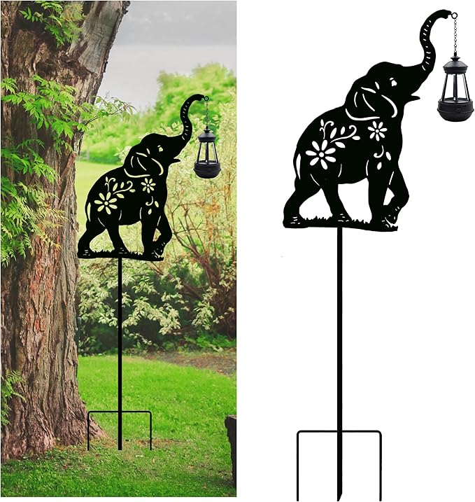 Solar Elephant Garden Stakes Outdoor Solar Decor Metal Elephant Holding Solar Animal Lantern Decorative Garden Metal Animal Stakes Outdoor Elephant Silhouette Stakes - Che Cose Belle