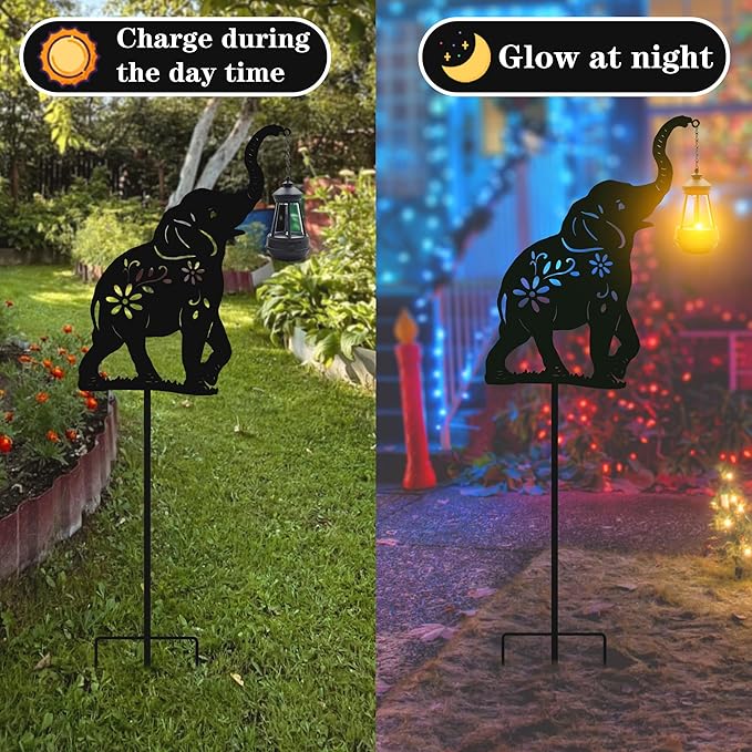 Solar Elephant Garden Stakes Outdoor Solar Decor Metal Elephant Holding Solar Animal Lantern Decorative Garden Metal Animal Stakes Outdoor Elephant Silhouette Stakes - Che Cose Belle