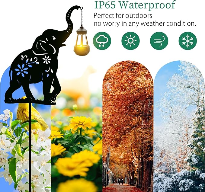 Solar Elephant Garden Stakes Outdoor Solar Decor Metal Elephant Holding Solar Animal Lantern Decorative Garden Metal Animal Stakes Outdoor Elephant Silhouette Stakes - Che Cose Belle