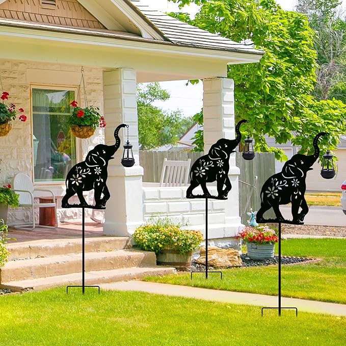 Solar Elephant Garden Stakes Outdoor Solar Decor Metal Elephant Holding Solar Animal Lantern Decorative Garden Metal Animal Stakes Outdoor Elephant Silhouette Stakes - Che Cose Belle