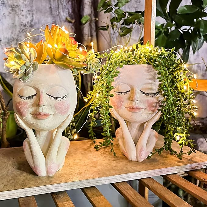 Solar - Face Flower Pot Head Planter Pots - LED String Lights Warterproof Resin Succulent Cactus Planters Pots with Drainage Hole Cute Lady Closed Eyes Indoor Outdoor Garden Decor (Large) - Che Cose Belle