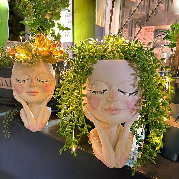 Solar - Face Flower Pot Head Planter Pots - LED String Lights Warterproof Resin Succulent Cactus Planters Pots with Drainage Hole Cute Lady Closed Eyes Indoor Outdoor Garden Decor (Large) - Che Cose Belle