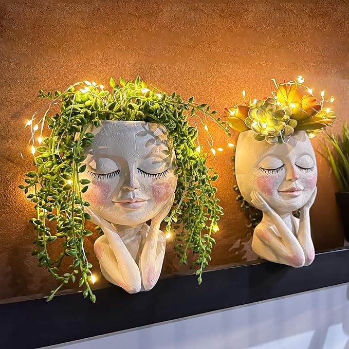 Solar - Face Flower Pot Head Planter Pots - LED String Lights Warterproof Resin Succulent Cactus Planters Pots with Drainage Hole Cute Lady Closed Eyes Indoor Outdoor Garden Decor (Large) - Che Cose Belle