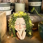Solar - Face Flower Pot Head Planter Pots - LED String Lights Warterproof Resin Succulent Cactus Planters Pots with Drainage Hole Cute Lady Closed Eyes Indoor Outdoor Garden Decor (Large) - Che Cose Belle