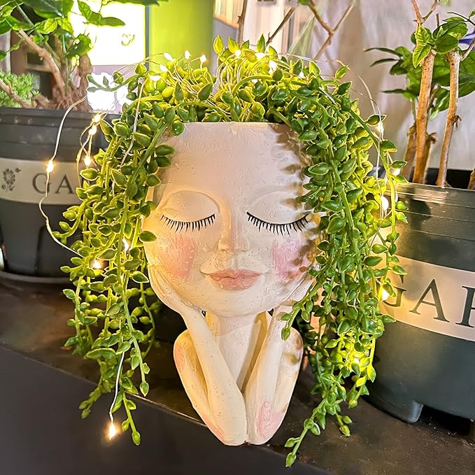 Solar - Face Flower Pot Head Planter Pots - LED String Lights Warterproof Resin Succulent Cactus Planters Pots with Drainage Hole Cute Lady Closed Eyes Indoor Outdoor Garden Decor (Large) - Che Cose Belle