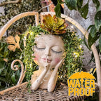 Solar Face Flower Pot,Head Planter Pot,with Led String Lights Succulent Planter Light,Warterproof Resin Cactus Planters,Cute Closed Eyes Lady Face Planter,for Indoor Outdoor Plant Garden Decor (Large) - Che Cose Belle