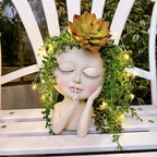 Solar Face Flower Pot,Head Planter Pot,with Led String Lights Succulent Planter Light,Warterproof Resin Cactus Planters,Cute Closed Eyes Lady Face Planter,for Indoor Outdoor Plant Garden Decor (Large) - Che Cose Belle