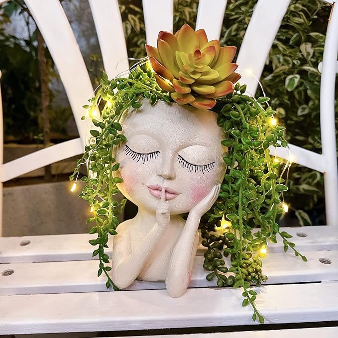 Solar Face Flower Pot,Head Planter Pot,with Led String Lights Succulent Planter Light,Warterproof Resin Cactus Planters,Cute Closed Eyes Lady Face Planter,for Indoor Outdoor Plant Garden Decor (Large) - Che Cose Belle