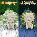 Solar Face Flower Pot,Head Planter Pot,with Led String Lights Succulent Planter Light,Warterproof Resin Cactus Planters,Cute Closed Eyes Lady Face Planter,for Indoor Outdoor Plant Garden Decor (Large) - Che Cose Belle