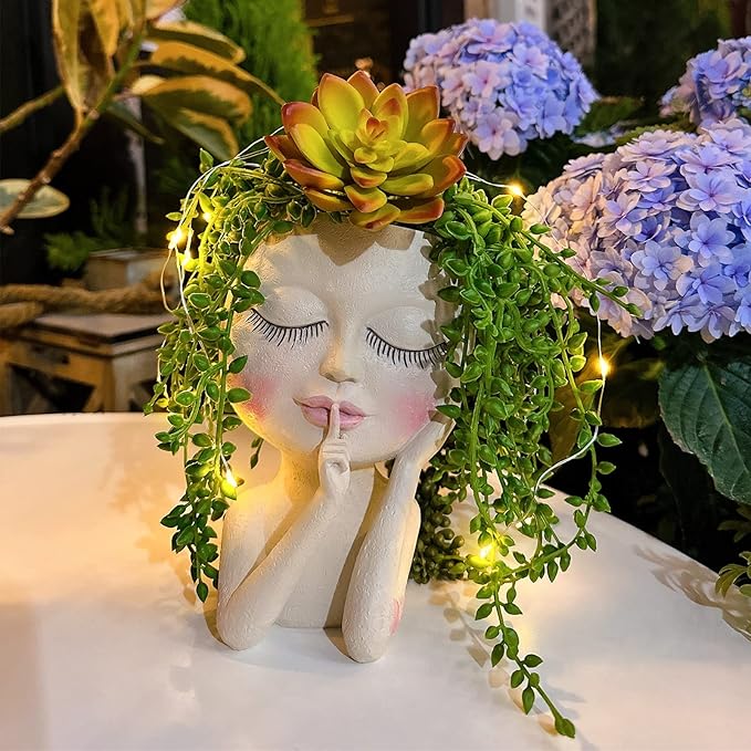Solar Face Flower Pot,Head Planter Pot,with Led String Lights Succulent Planter Light,Warterproof Resin Cactus Planters,Cute Closed Eyes Lady Face Planter,for Indoor Outdoor Plant Garden Decor (Large) - Che Cose Belle