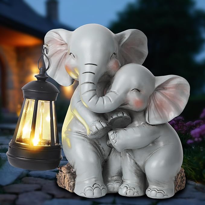 Solar Garden Decor - Mother Baby Elephant Statue with Solar Lantern 7" Resin Elephant Figurines Outdoor Yard Porch Lawn Patio Decor Housewarming Birthday Gift for Mom Grandma Women - Che Cose Belle