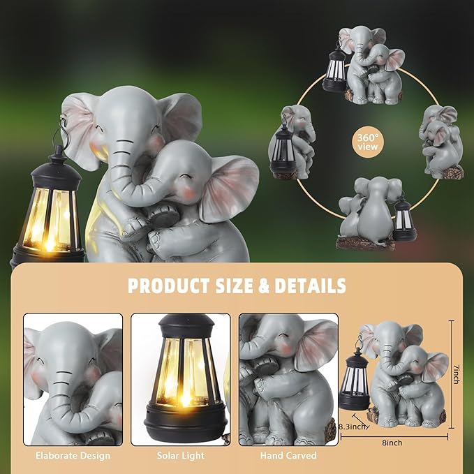 Solar Garden Decor - Mother Baby Elephant Statue with Solar Lantern 7" Resin Elephant Figurines Outdoor Yard Porch Lawn Patio Decor Housewarming Birthday Gift for Mom Grandma Women - Che Cose Belle