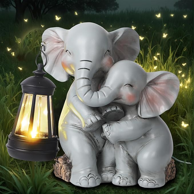 Solar Garden Decor - Mother Baby Elephant Statue with Solar Lantern 7" Resin Elephant Figurines Outdoor Yard Porch Lawn Patio Decor Housewarming Birthday Gift for Mom Grandma Women - Che Cose Belle